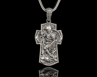 Silber Erzengel St Michael Halskette, Kreuz Anhänger für Männer, Christian Schmuck Geschenk