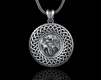 Personalized Lion Medallion Pendant Necklace, Silver Jewelry for Men, Leo Zodiac Gift