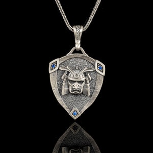 Silver Samurai Mask Mens Pendant, Unique Japanese Warrior Necklace, Gothic Style Engraved Jewelry, Warrior Charm Gift For Boyfriend / Father