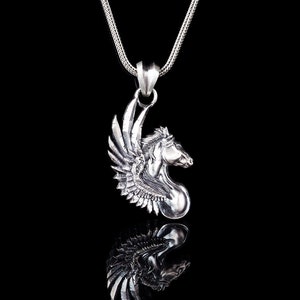 Silver Pegasus Necklace, Winged Horse Pendant, Greek Mythology Jewelry, Gift for Men and Women