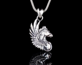 Silver Pegasus Necklace, Winged Horse Pendant, Greek Mythology Jewelry, Gift for Men and Women