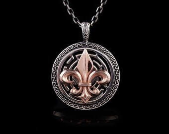 Fleur De Lis Silber Anhänger, Fleur De Lis Medaillon Halskette, Sterling Silber oxidiert Schmuck, Rose Gold überzogener Anhänger, Geschenk für Ihn Sie