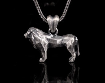 Collar geométrico de león de baja poligonización, colgante de origami de Leo en plata 925.