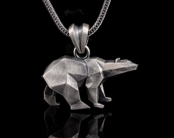 Silver Polar Bear Pendant Necklace, Geometric Jewelry, Origami-inspired Gift