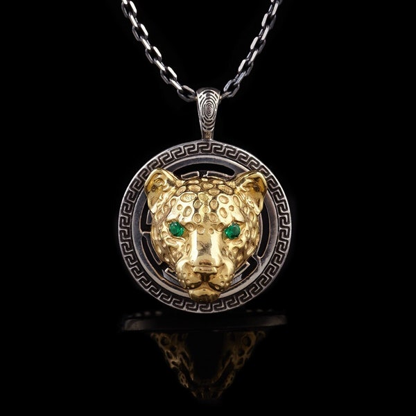 Colgante de plata de leopardo, medallón oxidado de leopardo de gato salvaje, collar de joyería de animales, colgante chapado en oro de plata de ley, regalo para él ella