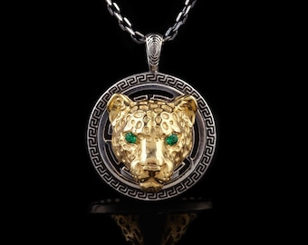 Colgante de leopardo en plata de ley oxidada, chapado en oro, con ojos de circonita