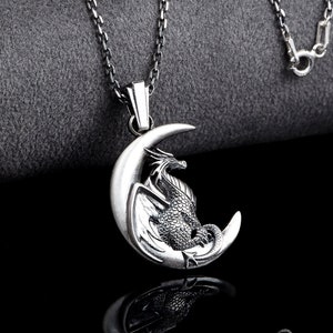 Silver Moon Dragon Necklace, Dragon Charm Pendant, Oxidized Dragon Jewelry For Men & Women, Fantasy Necklace, Dragon Gifts, Best Friend Gift