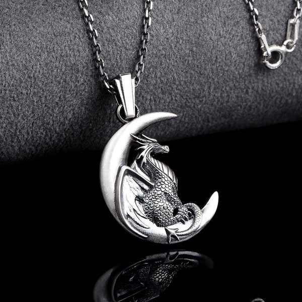 Collier dragon lune en argent, pendentif à breloques dragon, bijoux dragon oxydé pour homme et femme, collier fantaisie, cadeaux dragon, cadeau meilleur ami