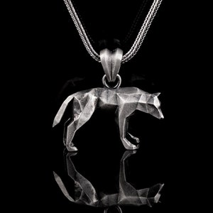 Men's Silver Wolf Pendant Necklace, Geometric Jewelry, Gift for Him