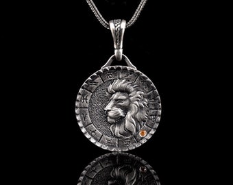 Silver Leo Horoscope Necklace, Lion Pendant, Astrology Symbol Jewelry, Zodiac Sign Gift for Men & Women