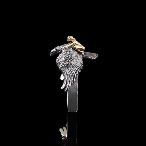 Sterling Silver Girl Flying On Eagle Ring, Mythical Jewelry For Women, Gothic Style Gift