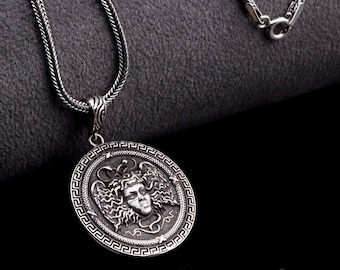 Gorgon Medusa Necklace, Silver Perseus Necklace, Oxidized Double Sided Pendant, Greek Mythology Necklace, Ancient Jewelry, Gift For Him Her