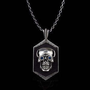Skull Silver Pendant, Unisex Skull Jewelry, Oxidized Hexagon Skull Necklace, Gift For Him / Her, Sterling Silver Gold Rose Plated