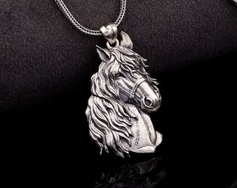 925 Sterling Silver Horse Necklace Pendant, Equine Jewelry, Engraved Gift for Men and Women