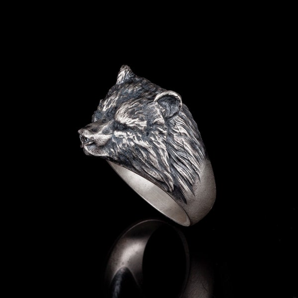 Bague d’ours grizzli en argent gravé, cadeau de bijoux fauniques, bague lourde oxydée pour hommes