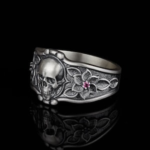 Gothic Skull Ring, Silver Flower Skeleton Stone Jewelry, Personalized Biker Gift, Men&#39;s Women&#39;s