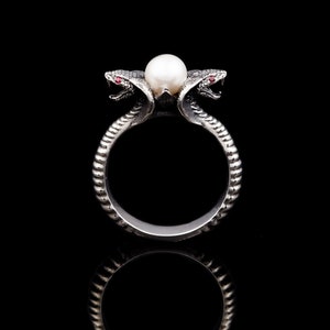 Silver and Pearl Snake Ring, Serpent Jewelry, Cobra Ring, Personalized Unique Gift For Women