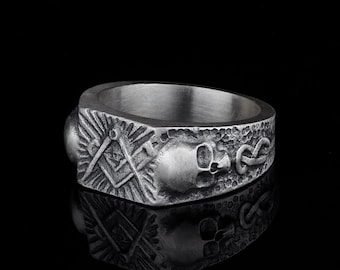 Silver Skull Masonic Signet Ring, Freemason Skeleton Jewelry, Personalized Gift For Men