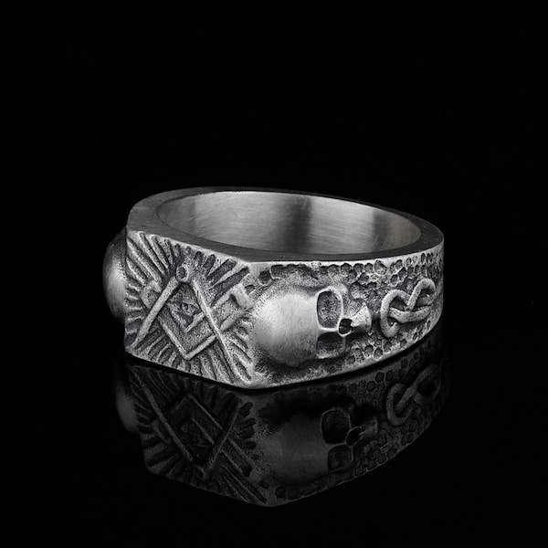 Chevalière maçonnique crâne d’argent, bijoux squelette franc-maçon, cadeau personnalisé pour hommes