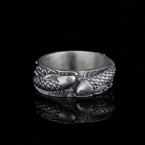 Carp Silver Ring, Japanese Koi Fish Ring, Oxidized Silver Jewelry, Wedding Band, Engagement Couple Ring, Pisces Birthday Gift, Fish Gifts
