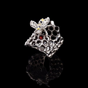 Bee Silver Ring, Honeycomb Ring, Stone Bee Jewelry, Enamel Ring, Fidget Ring For Women, Nature Wide Ring, Gift For Her, Birthday Gift