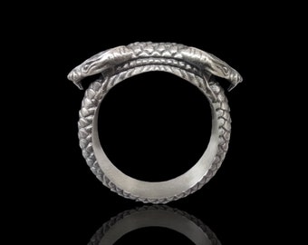 Silver Oxidized Double Headed Snake Ring, Wild Python Animal Jewelry For Men & Women