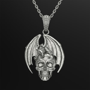 Dragon Biting Skull Necklace, Silver Fantasy Pendant, Goth Necklace For Men & Women, Oxidized Unique Jewelry, Unusual Gift For Him Her