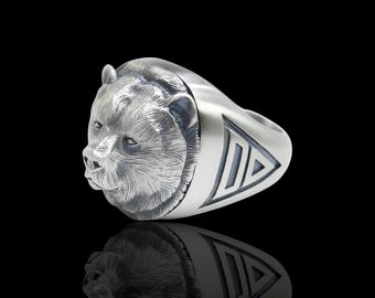 Sterling Silver Nordic Grizzly Bear Ring, Viking Animal Jewelry Gift For Men
