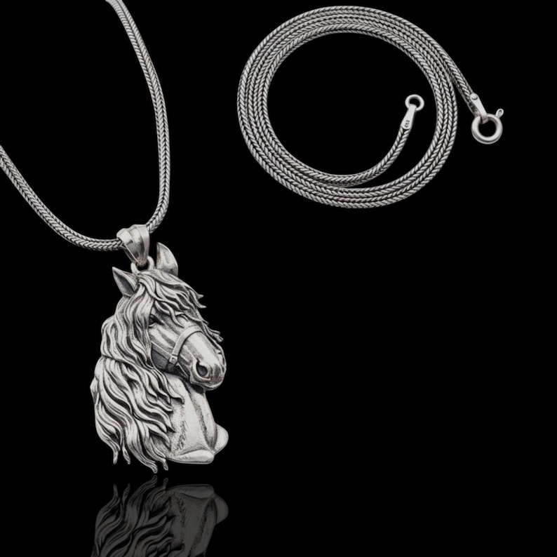 Puede incluir: Un collar con colgante plateado que presenta un dise&ntilde;o detallado de cabeza de caballo. La melena y los rasgos faciales del caballo est&aacute;n intrincadamente esculpidos. La cadena del collar es plateada y el fondo es negro.