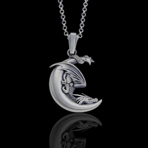 Sterling Silver Sleeping Moon Dragon Necklace, Unisex Oxidized Gothic Pendant,  Mythical Fantasy Jewelry Gift