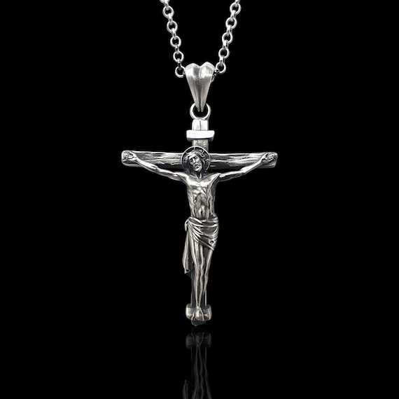 Jesus Crucifixion Necklace, Silver Cross Crucifix Pendant, Religious Jewelry, Engraved Christian Gift