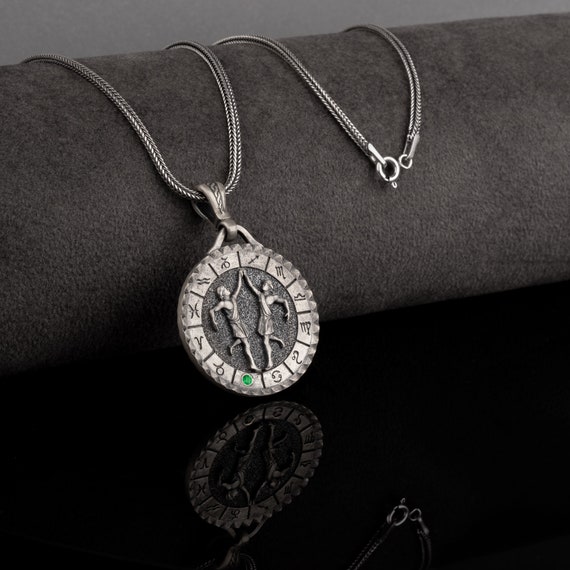 Silver Gemini Horoscope Necklace, Zodiac Symbol Pendant