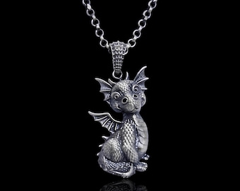 Sterling Silver Baby Dragon Pendant Necklace, Mythical Fantasy Jewelry