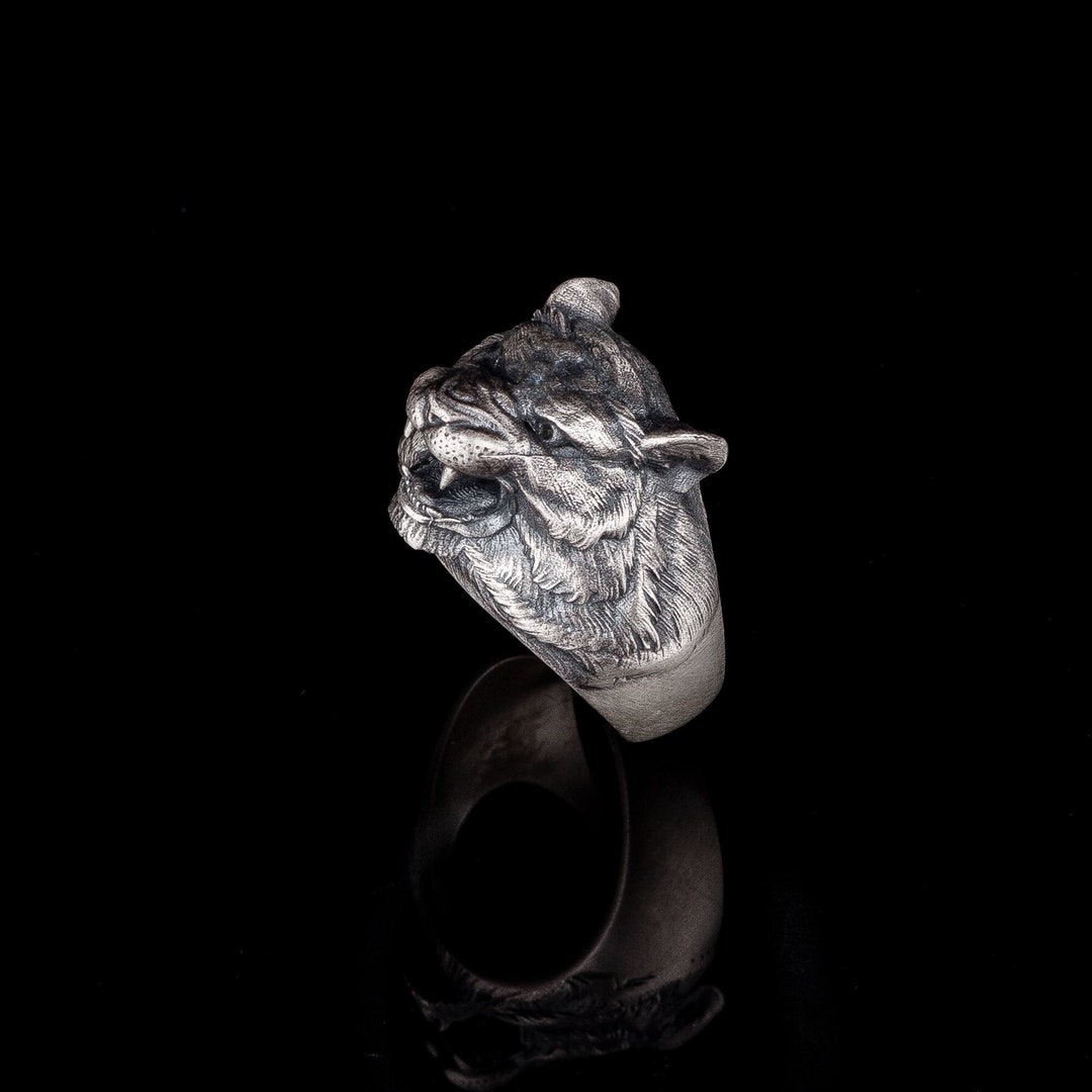 Silver Tiger Head Biker Ring for Men, Animal Jewelry, Heavy Wild Cat ...