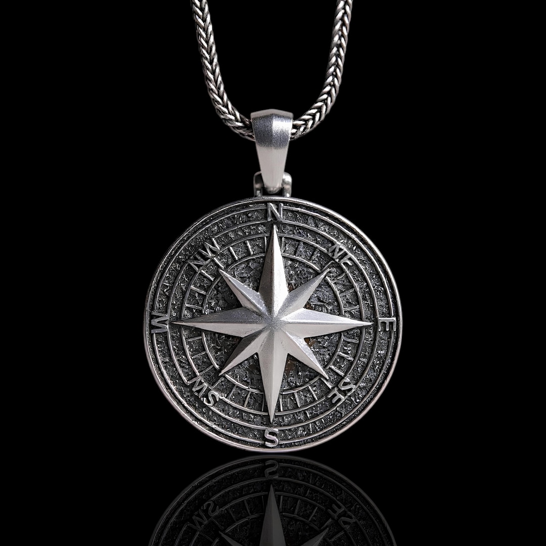 Silver Engravable Compass Sterling Silver Engraved Compass Necklace, North Star Pendant, Unisex ...