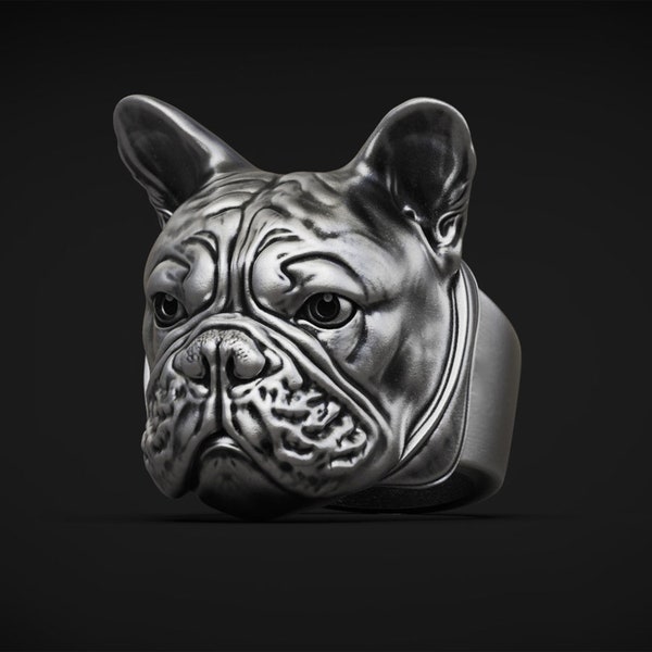 Bague en argent bouledogue français, cadeau bijoux pour homme, bague pour amoureux des animaux