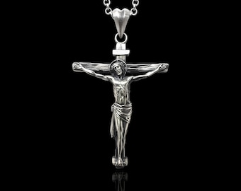 Jesus Crucifixion Necklace, Silver Cross Crucifix Pendant, Religious Jewelry, Engraved Christian Gift