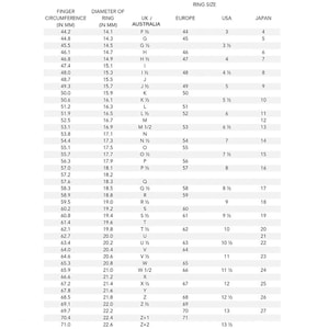 May include: A chart showing ring sizes in millimeters, inches, and corresponding sizes for the UK, Australia, Europe, USA, and Japan.