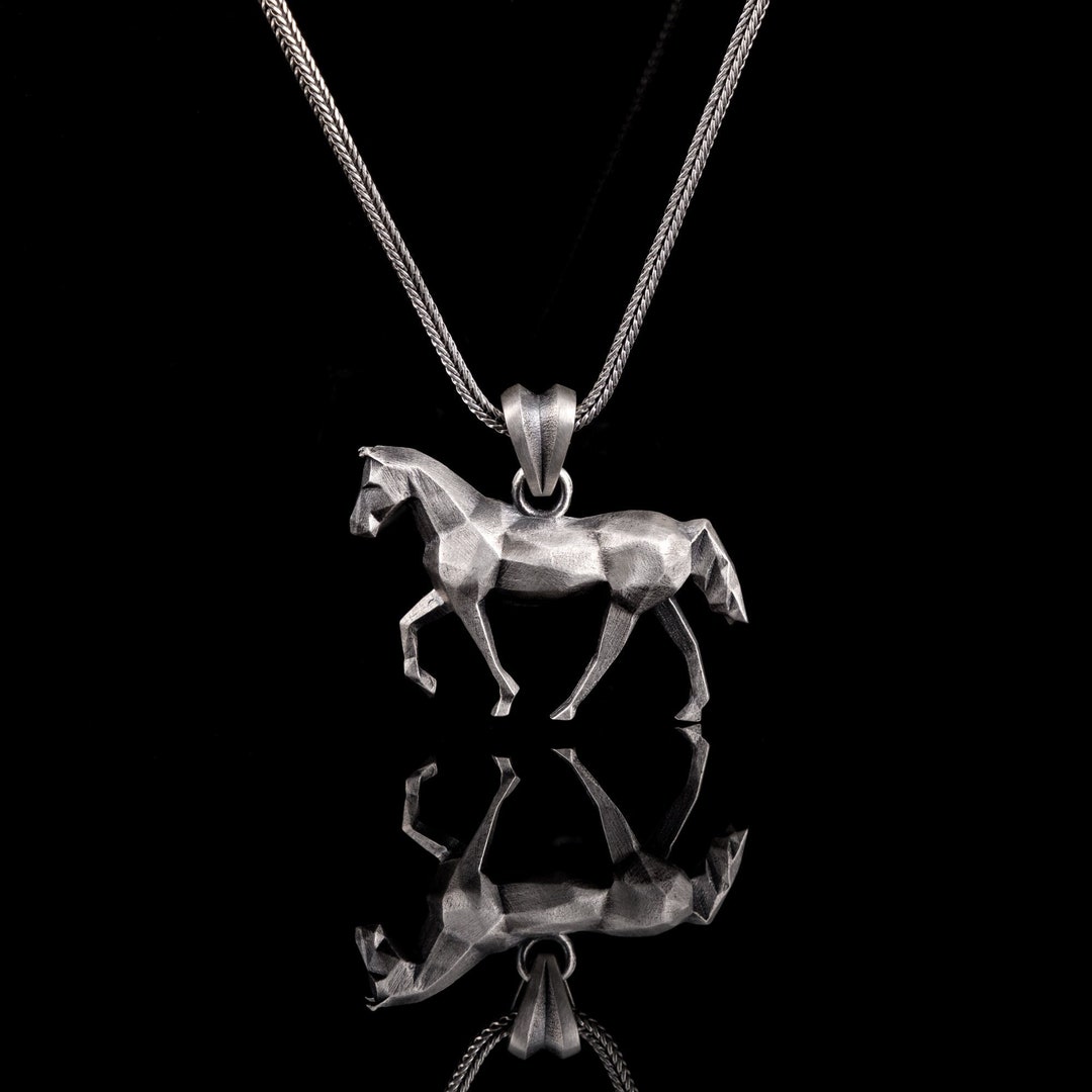 silver-horse-pendant-necklace-geometric-origami-jewelry-unique-gift