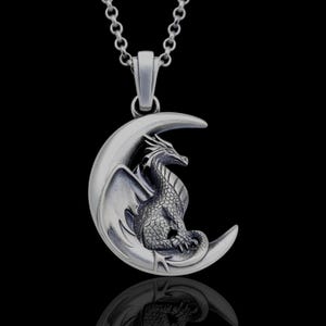 Sterling Silver Moon Dragon Necklace, Unisex Fantasy Pendant, Mythical Jewelry Gift