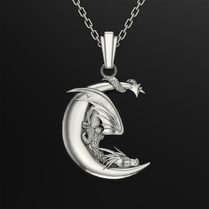 Moon Dragon Pendant Necklace in Oxidized Silver, Unique Gift for Women and Men