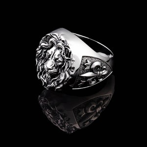 Sterling Silver Men&#39;s Signet Lion Ring, Zodiac Sign Leo Jewelry, Leo Birthday Gift For Him