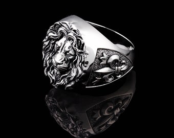 Sterling Silver Men&#39;s Signet Lion Ring, Zodiac Sign Leo Jewelry, Leo Birthday Gift For Him