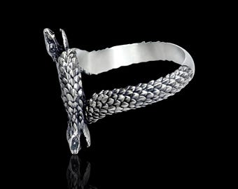 Sterling Silver Double Headed Cobra Ring, Gothic Snake Jewelry For Men & Women