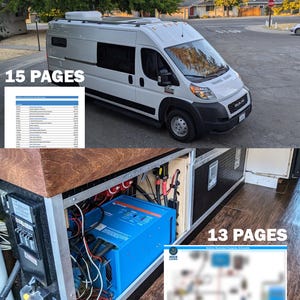 以下が含まれることがあります： 白いRAM ProMasterバンの改造車が路上に駐車されています。バンには屋根にソーラーパネルが付いています。内部には、青いインバーターや配線など、電気部品が写っています。画像には「15 PAGES」と「13 PAGES」と書かれています。