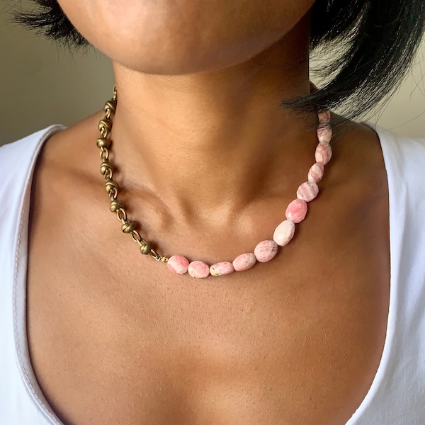 Rhodochrosite Necklace, Pink Gemstone Necklace, Rhodochrosite Jewelry, Chunky Crystal Necklace, Pink Choker, Chunky Choker Necklace