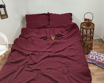 Set copripiumino in cotone bordeaux fatto a mano: biancheria da letto boho con federe