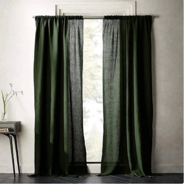 Dark Moss Green Stonewashed Linen Curtain Linen Window Drapes Boho Linen Curtain Tow Panel Green Curtain Custom Size Bedroom Linen Curtains