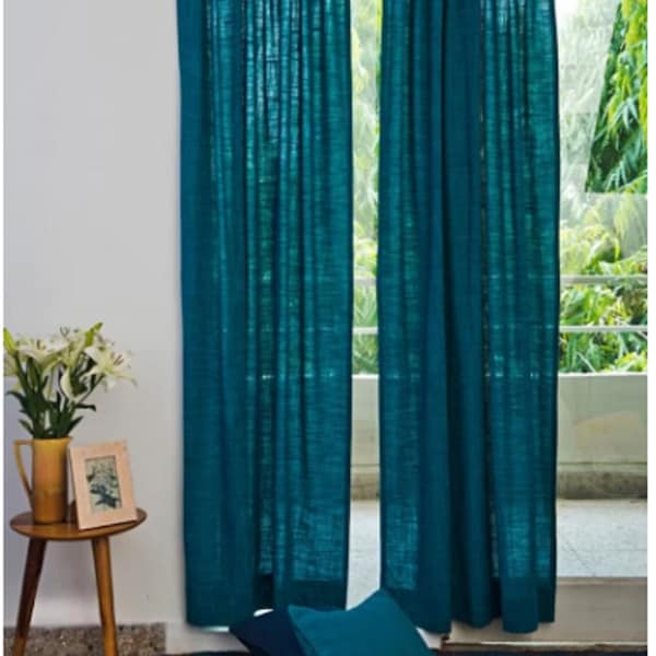 Linen Curtain Sea Blue Color Solid Colors Window Boho Curtain 2 panel Curtain Stonewashed Linen Curtain Panel, Custom Size Linen Curtains
