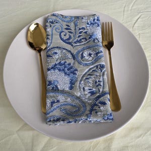 Blue Floral Hand Block Print Napkins: Organic Cotton Scallop Edge